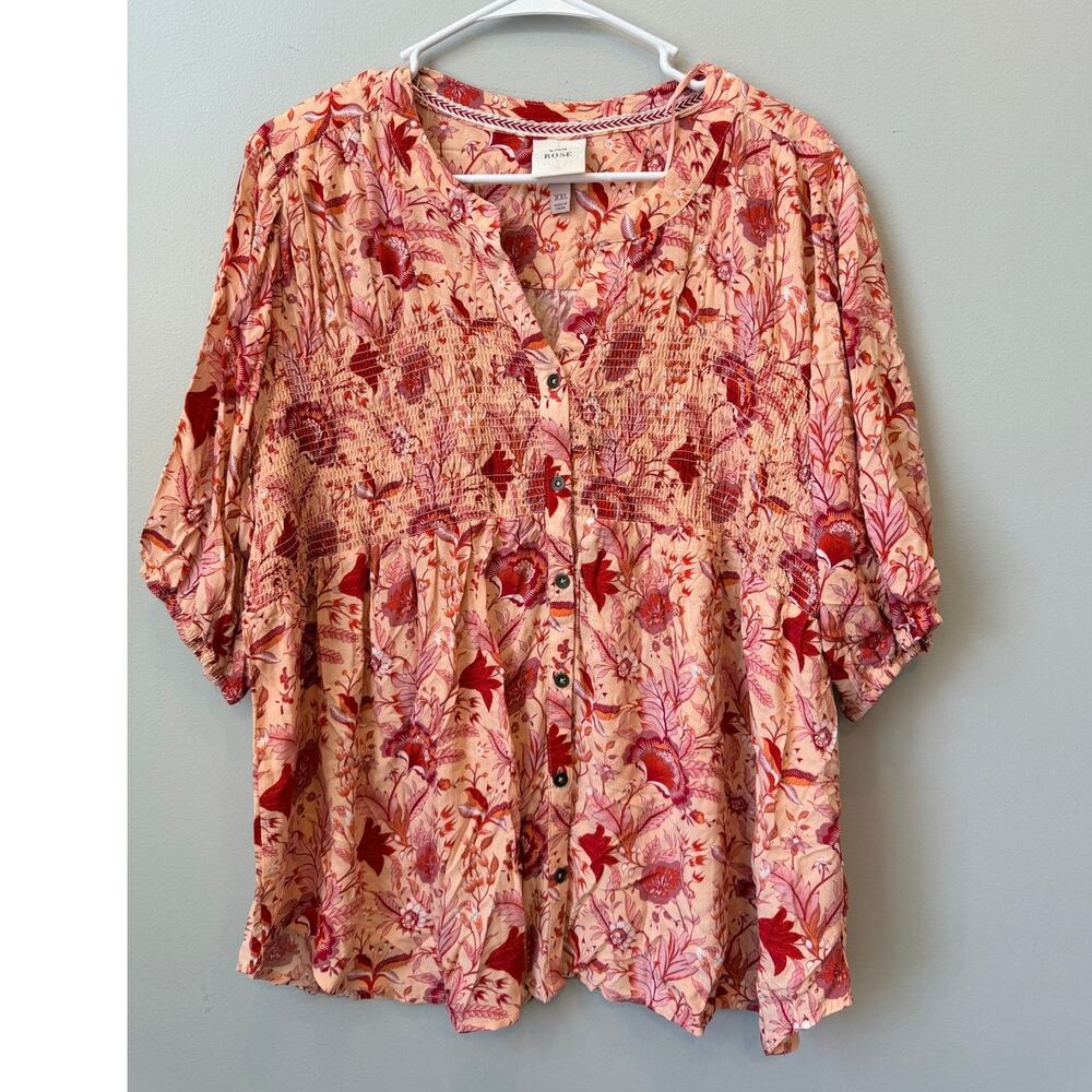 Knox Rose Button Down Smocked Bodice Blouse Women's XXL Rayon Floral